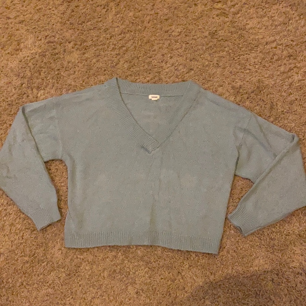 Cropped sage-green, v-neck sweater